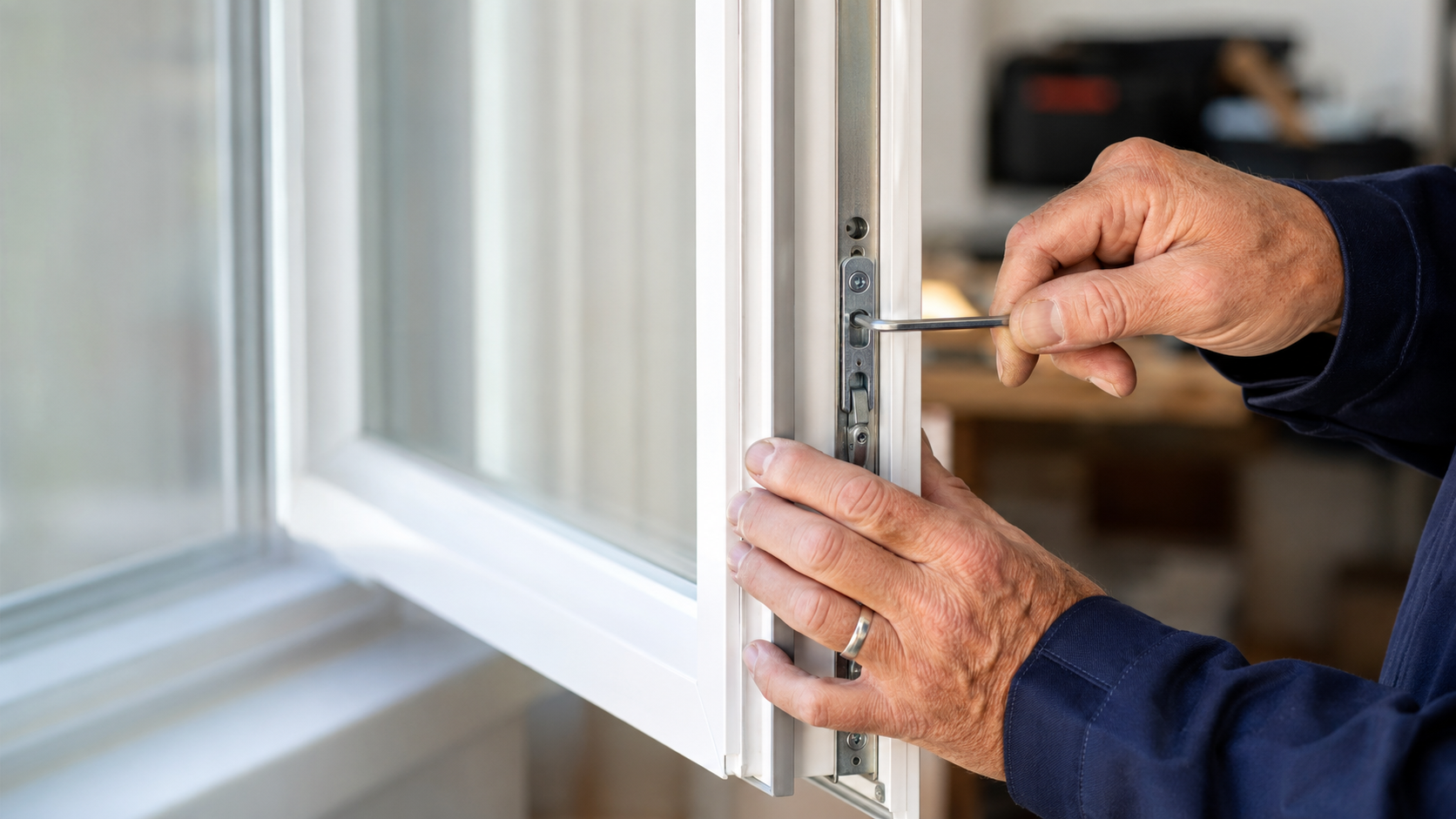 Ein Fenstertechniker stellt mit einem Inbusschlüssel den Beschlag eines Fensterflügels ein